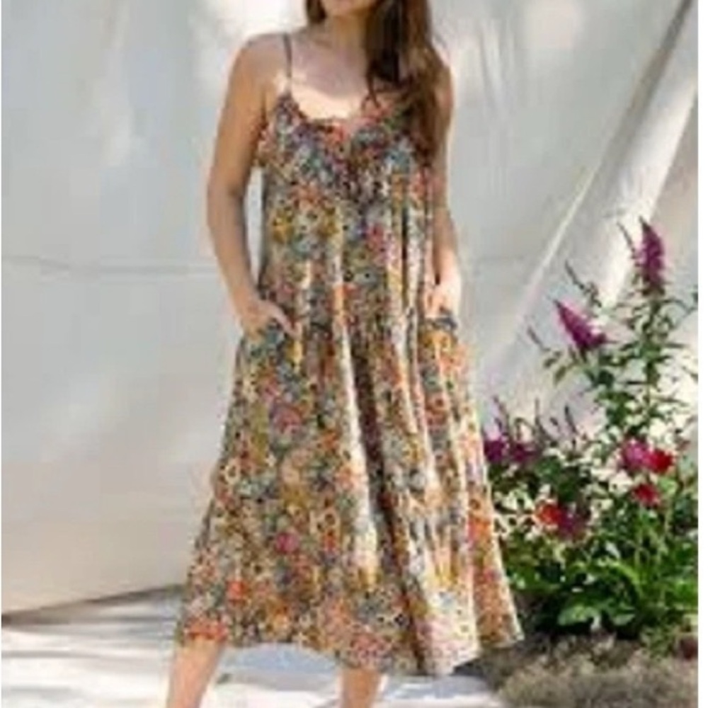 NATURAL LIFE Embroidered Harley Midi Floral Dress xs/sm POCKETS!